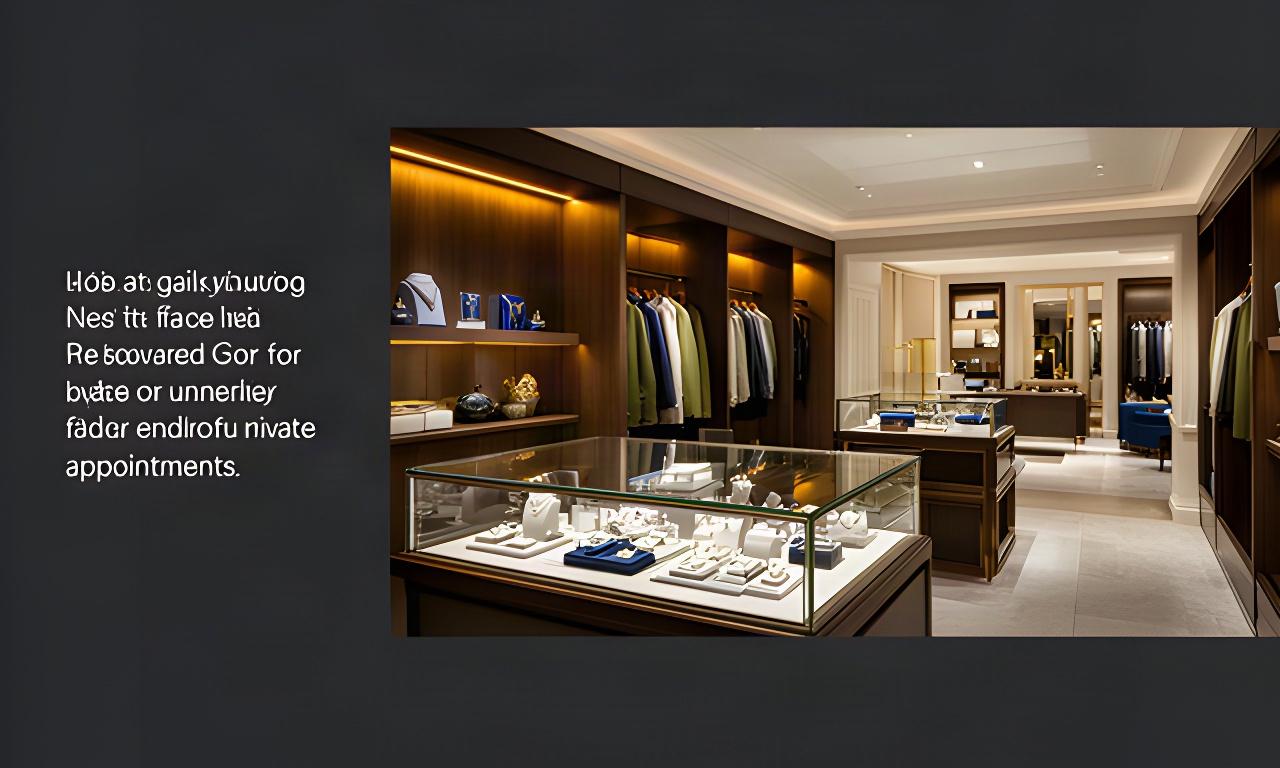 Quiet luxury boutique interior in Cardiff with jewellery cases, tailored clothing and warm architectural lighting