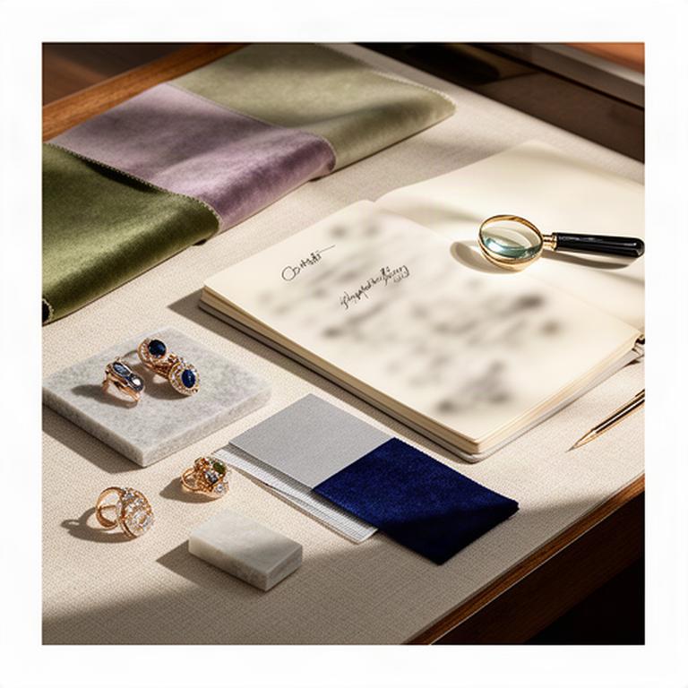 Fine jewellery, fabric swatches and a handwritten notebook arranged on a Cardiff boutique worktable