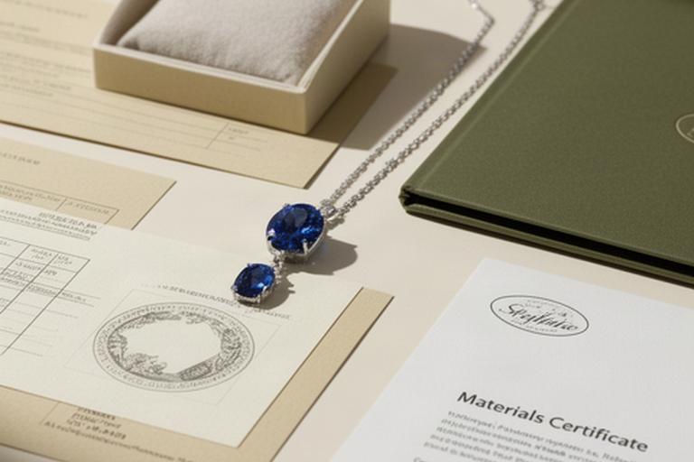 Materials certificate and sapphire jewellery displayed beside recycled platinum notes on a boutique desk