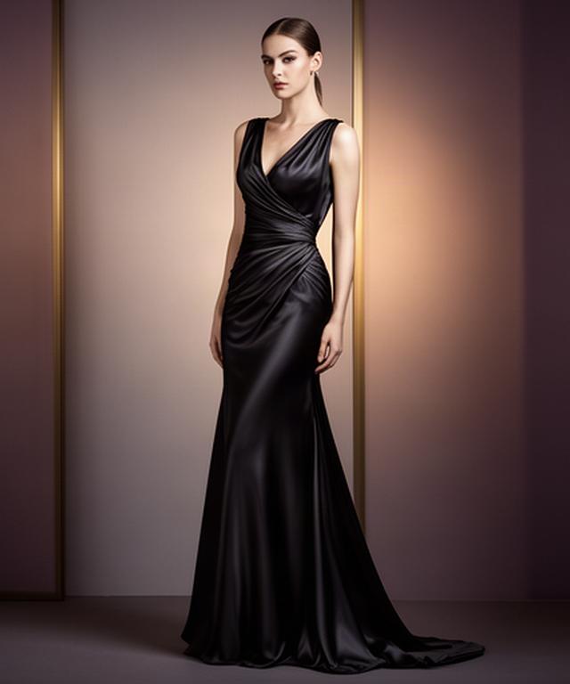 Black silk evening dress shown against a softly lit dressing room wall