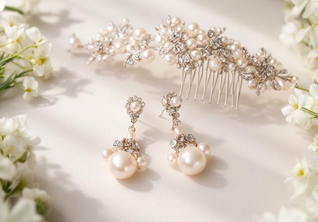 Pearl bridal earrings and a delicate hairpiece arranged beside white flowers