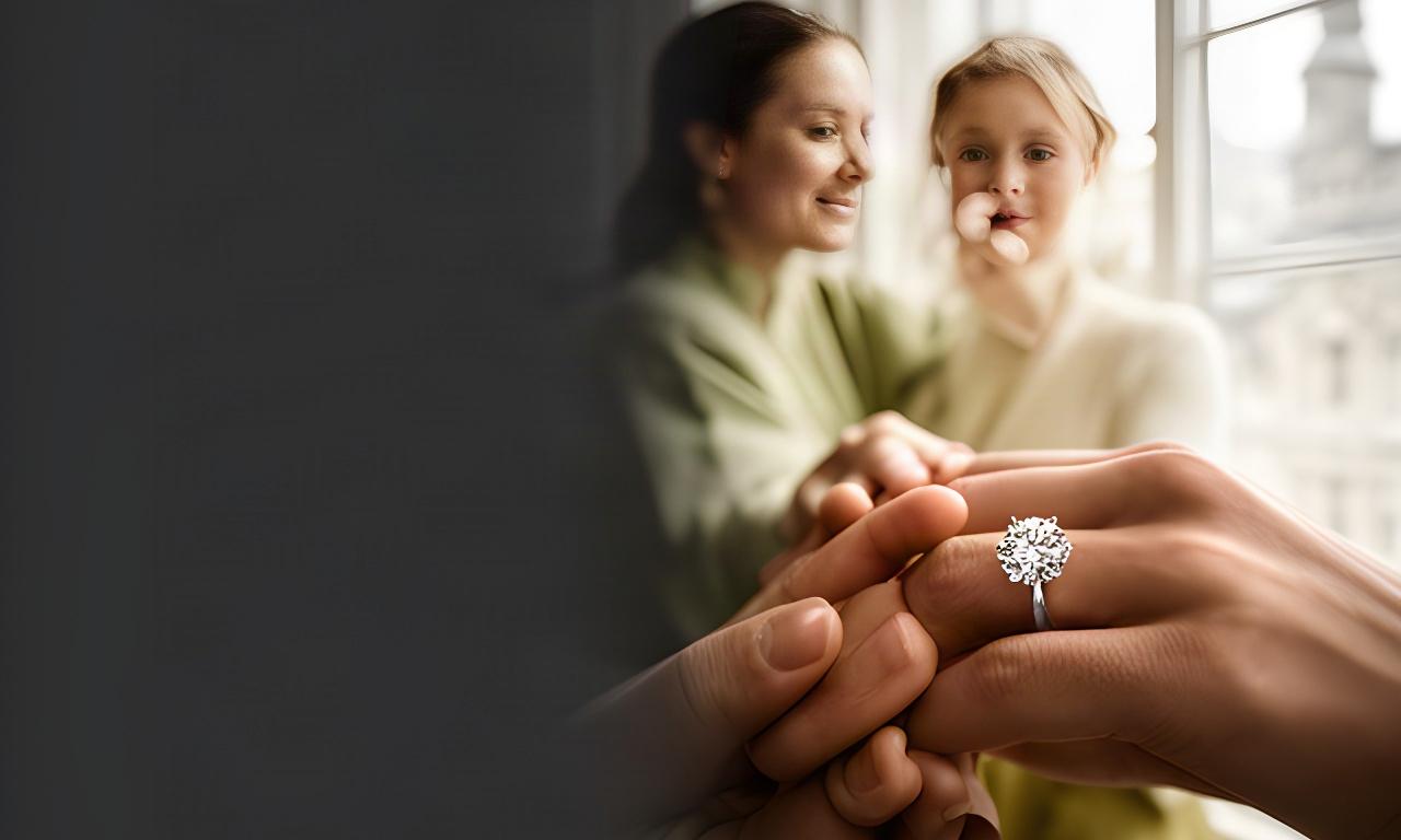 Couple holding hands beside a Cardiff window, with a diamond engagement ring in sharp focus