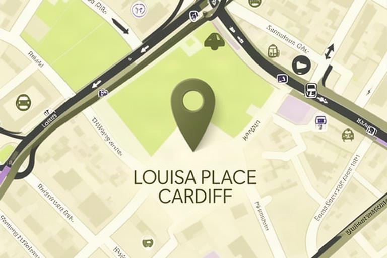 Stylised street map showing 13 Louisa Place in central Cardiff with nearby roads and transport points
