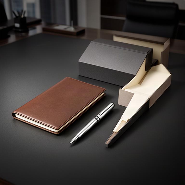 Luxury corporate gift set with a leather notebook, silver pen and presentation box on a dark desk