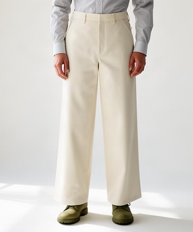 Cream wide-leg trousers styled with a crisp shirt in a daylight studio