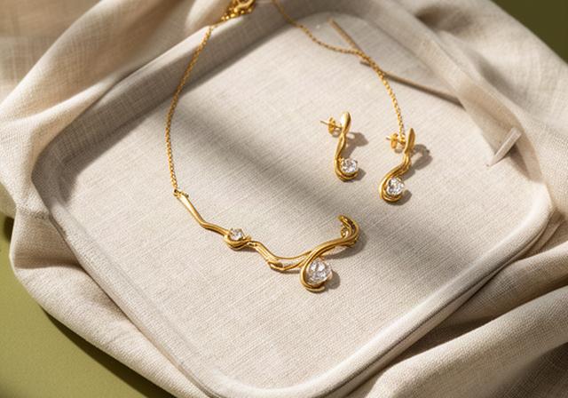 Custom gold necklace and matching earrings displayed together on a linen jewellery tray
