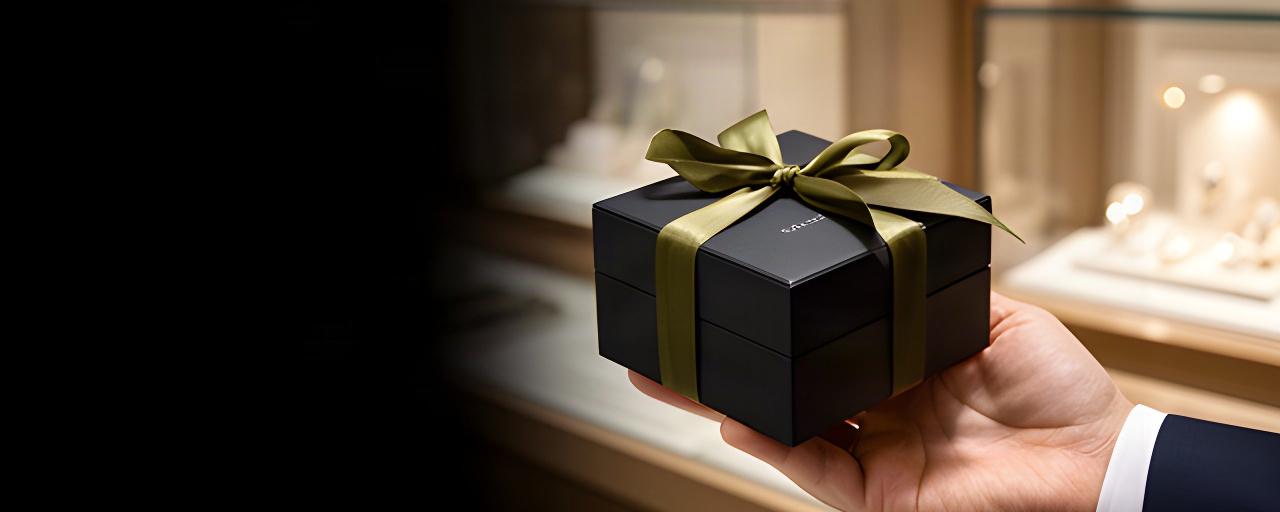 A hand presenting a black luxury jewellery box with an olive ribbon in a Cardiff boutique