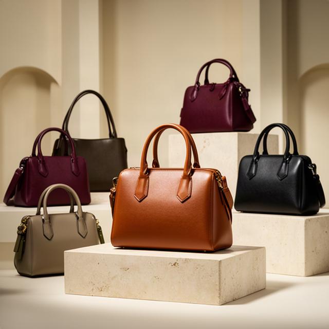 Structured leather designer handbags displayed on a stone plinth