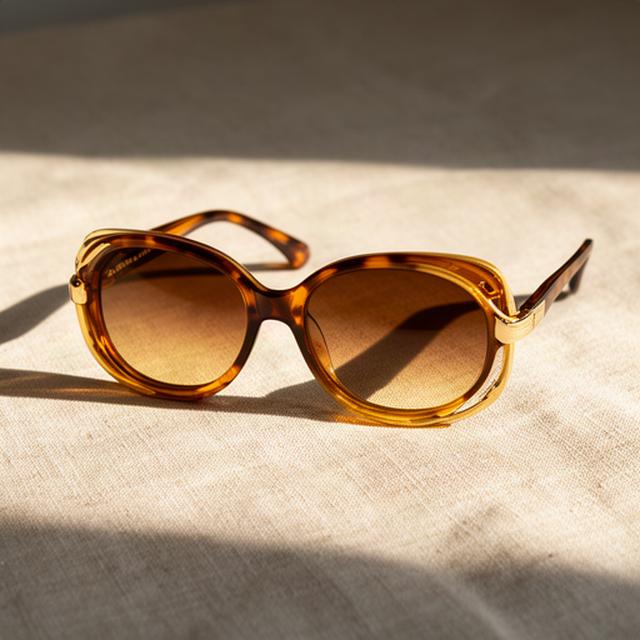 Sculptural designer sunglasses on a linen surface in warm afternoon light