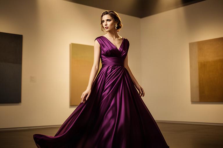 Model wearing a plum evening dress beneath warm gallery lighting