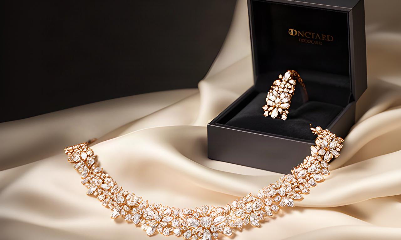 Diamond necklace resting on ivory silk beside a softly lit jewellery box