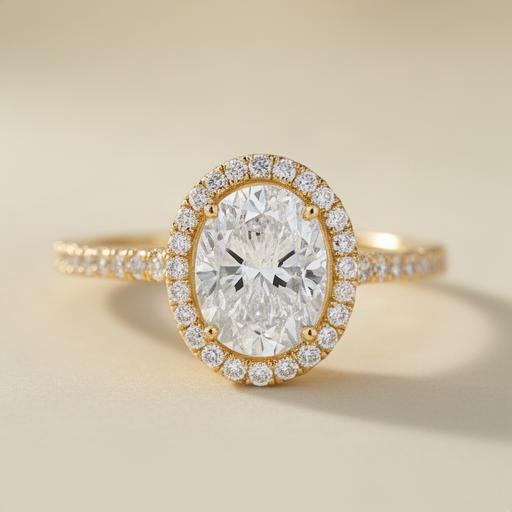 Oval diamond halo engagement ring in warm gold with fine pavé shoulders