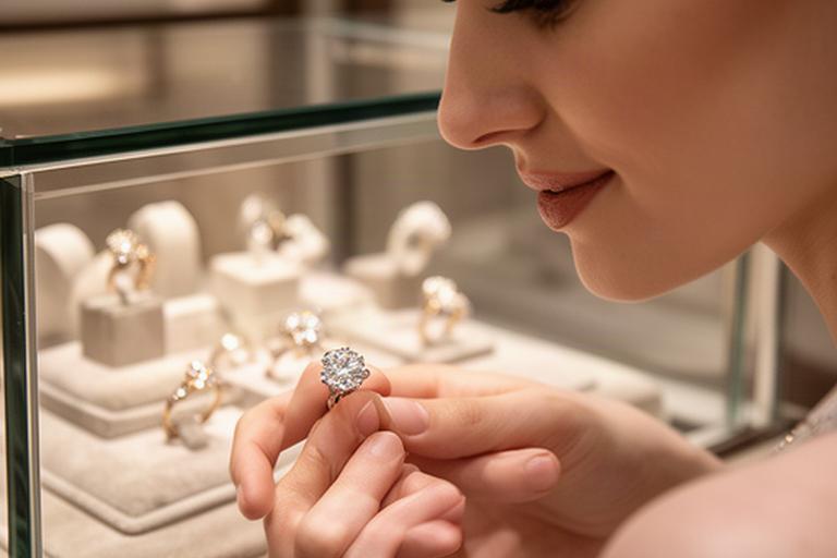 Bride-to-be viewing a diamond ring beside a softly lit jewellery case