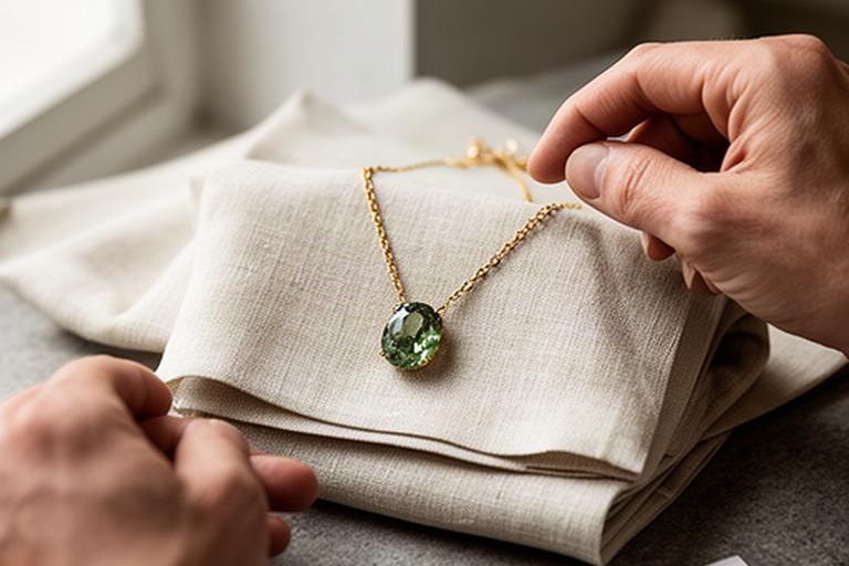 Collector examining a responsibly sourced gemstone necklace on a linen display
