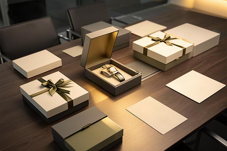 Corporate gift boxes containing refined accessories arranged on a boardroom table