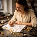 Female jewellery designer sketching a ring beside gold samples in a Cardiff atelier