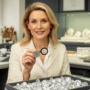 Female gemologist in a Cardiff jewellery studio holding a loupe beside a diamond tray