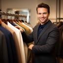 Male personal stylist arranging designer garments in a softly lit Cardiff showroom