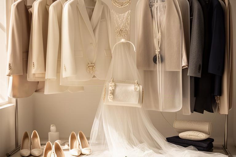 Wedding wardrobe arranged on rails with tailored garments and ivory accessories