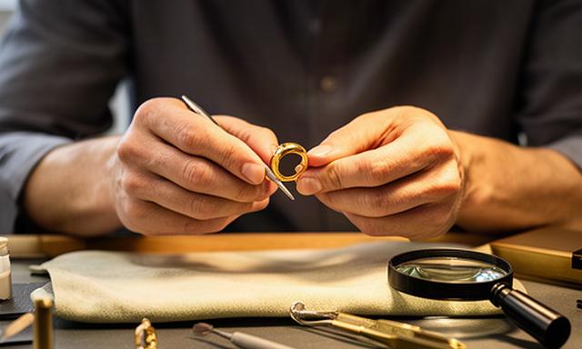 Jewellery specialist cleaning a gold ring at a Cardiff boutique workbench