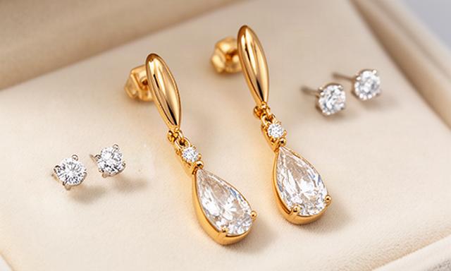 Gold drop earrings and diamond studs arranged on cream velvet