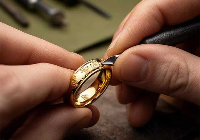 Close view of a jeweller engraving initials inside a polished gold ring