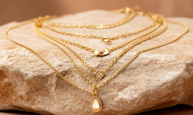 Layered gold necklaces displayed on a warm stone plinth
