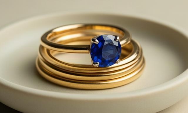 Stacked gold rings with a sapphire solitaire on a pale ceramic dish