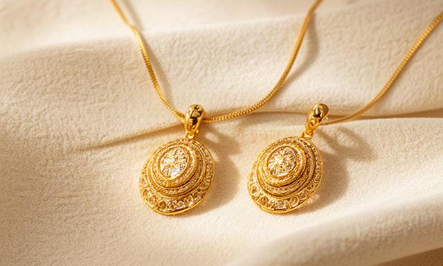 Matching gold necklace and earrings presented together on textured ivory fabric