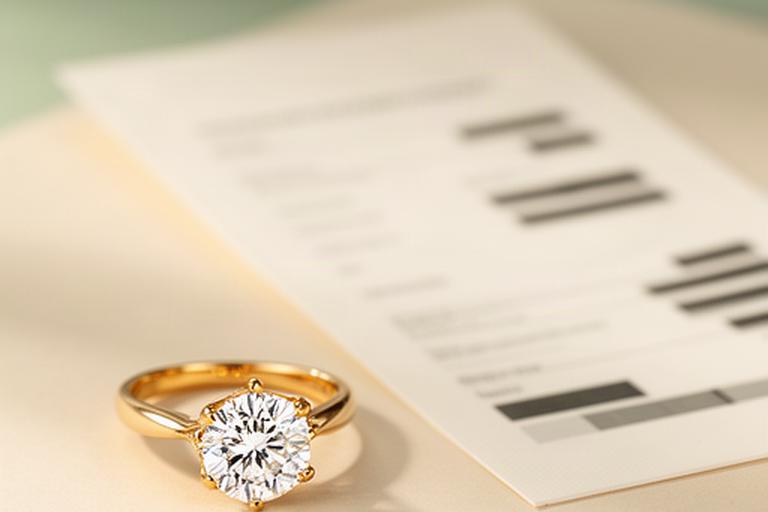 Lab-grown diamond ring in recycled gold beside a diamond grading report