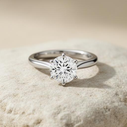 Round lab-grown diamond solitaire ring in recycled white gold on a pale stone surface