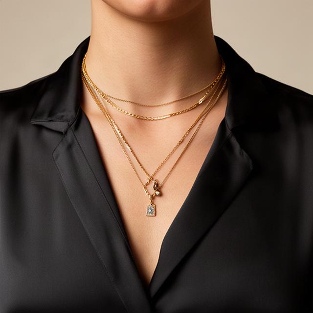Three fine necklaces layered over a black silk blouse in a studio setting