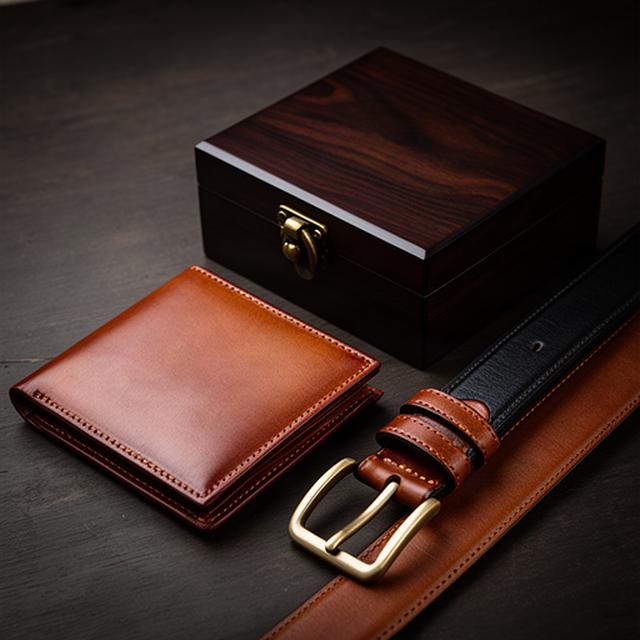 Hand-finished leather wallet and belt beside a dark wood jewellery box