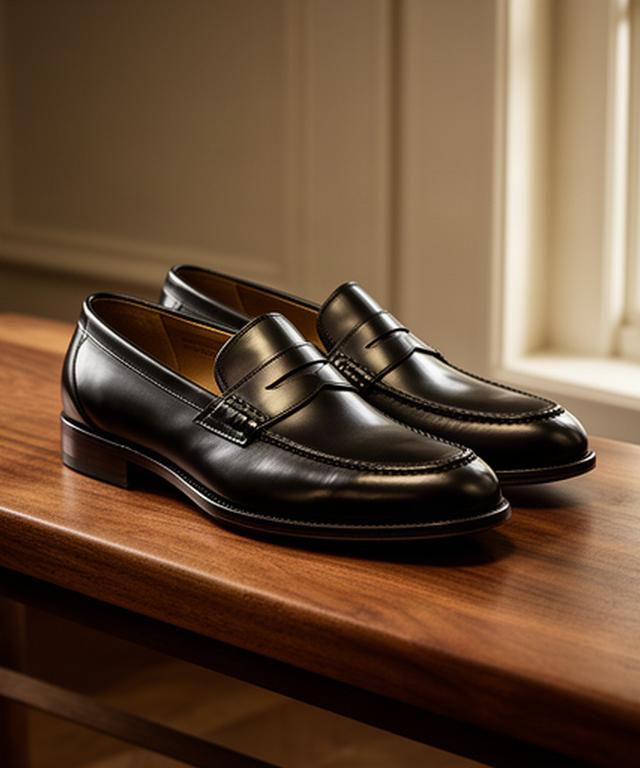 Polished black leather loafers positioned on a walnut bench