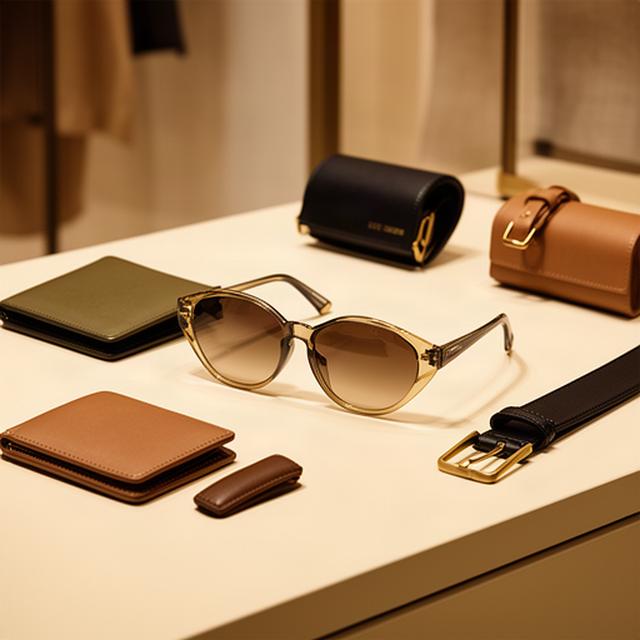 Designer sunglasses and refined leather accessories on a cream counter
