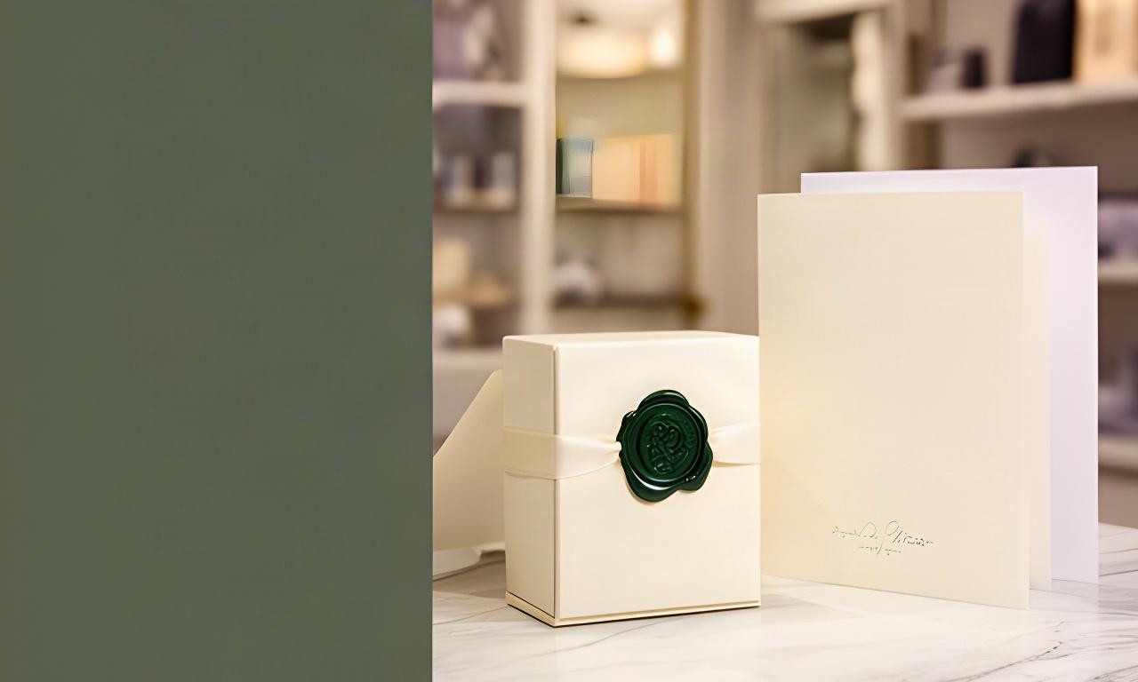 Ivory gift box with a wax seal and handwritten card on a marble table in a softly lit Cardiff boutique