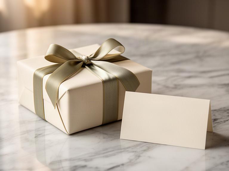 Gift-wrapped jewellery box with a handwritten message on a marble table