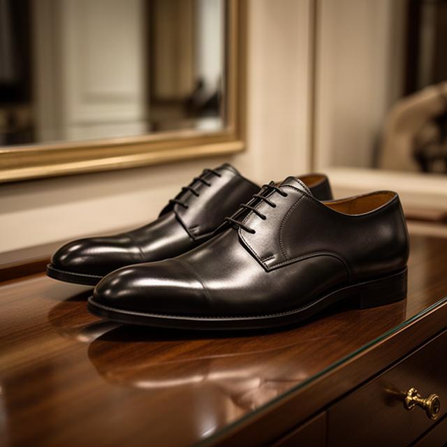 Luxury leather shoes arranged beside a polished dressing table