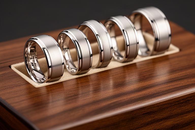Men's brushed platinum wedding bands arranged on a walnut jewellery box