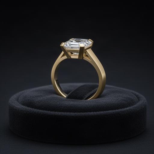 Modern emerald-cut engagement ring in brushed yellow gold on a dark velvet pad