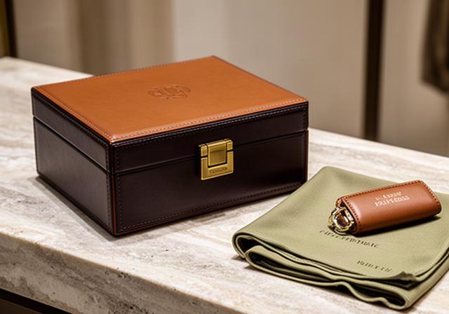 Monogrammed leather jewellery case and luxury accessory arranged on a stone counter