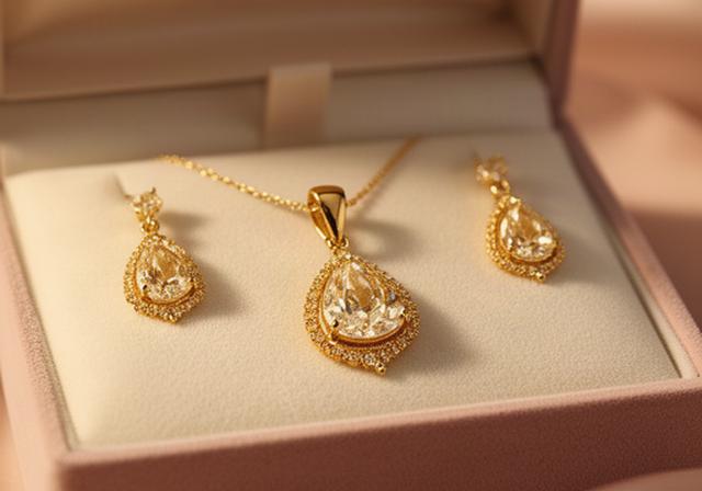 Elegant gold pendant and earrings presented in a jewellery box for the mothers of a couple