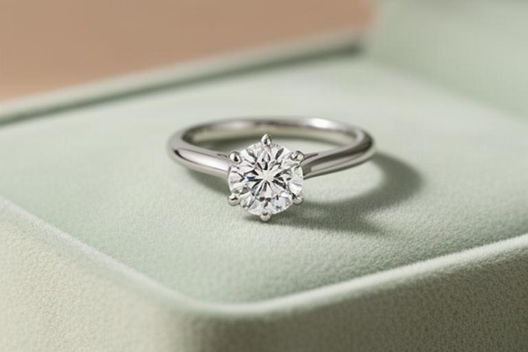 Natural diamond solitaire engagement ring on a pale green jewellery tray