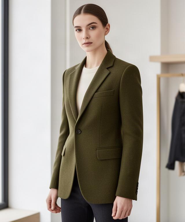 Olive tailored blazer on a model in a modern boutique interior