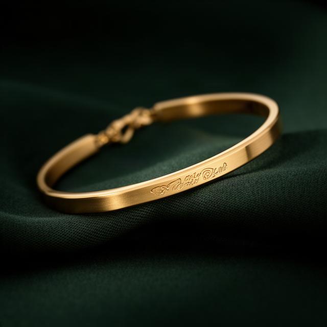 Personalised gold bracelet with engraved lettering displayed against dark green fabric