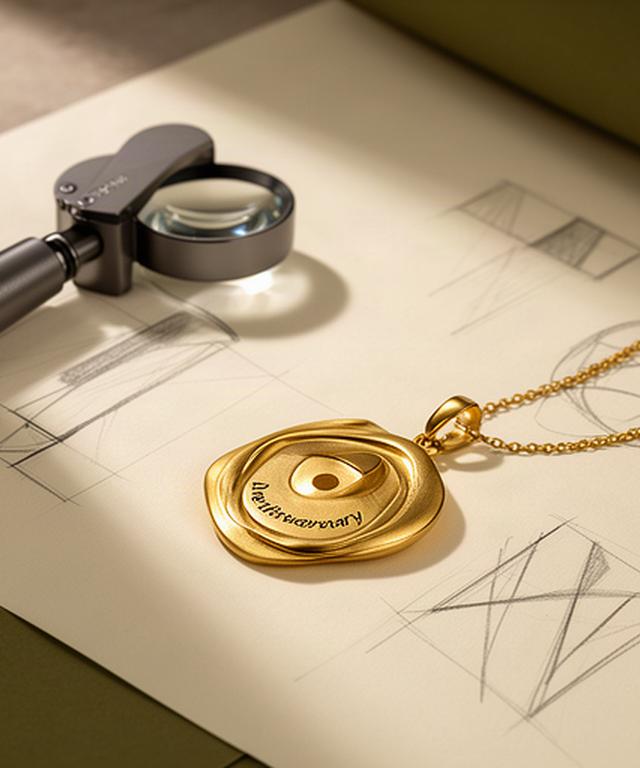 Personalised sculptural gold pendant resting beside design notes and a jeweller's loupe