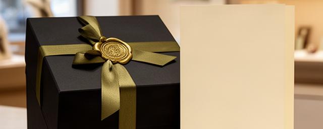 Premium luxury gift box with olive ribbon, wax seal and handwritten card on a boutique counter