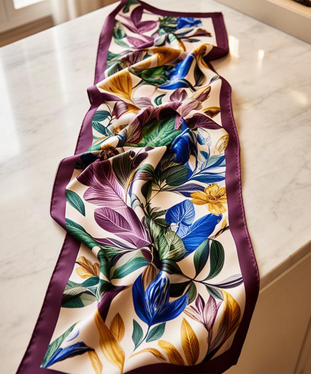 Hand-rolled printed silk scarf spread across a pale marble counter