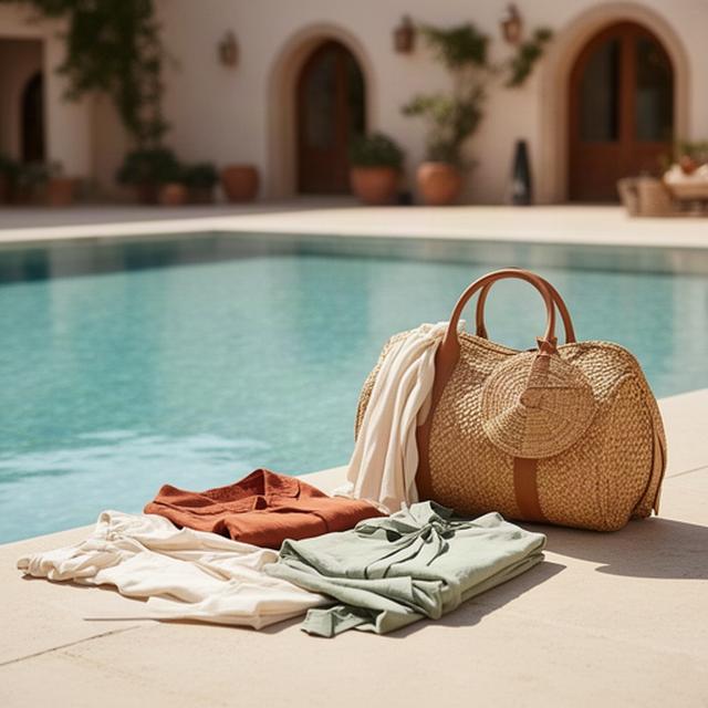 Elegant resortwear beside a sunlit pool with a woven travel bag