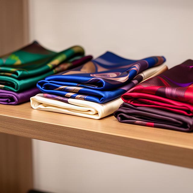 Folded silk scarves in jewel tones on a boutique display shelf